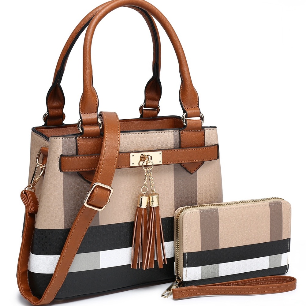 TAN and BLACK SATCHEL SET with GOLD ACCENTS